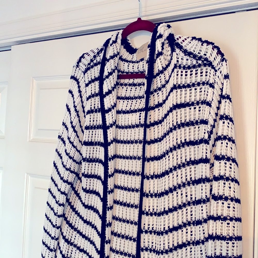 Open knit cardigan sweater with hood